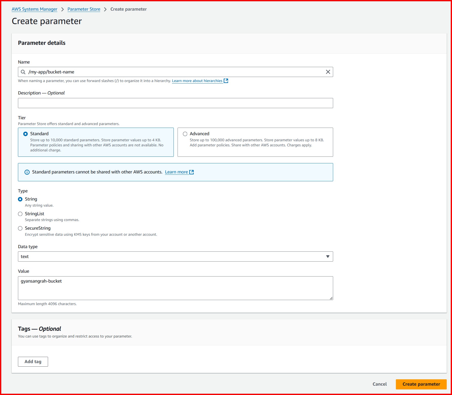 Picture showing the Create parameter screen for creating the new parameter